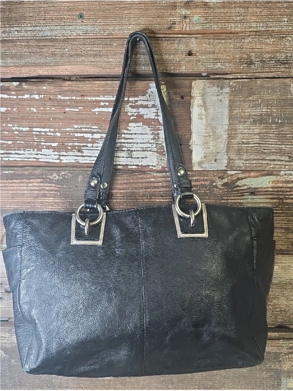 COACH Black Grey Leather Inlaid Tote Shoulder Bag